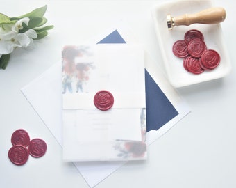 Red and Navy Blue Floral Wedding Invitations, Flower Burgundy Invite, Vellum and Wax Seal - Sample