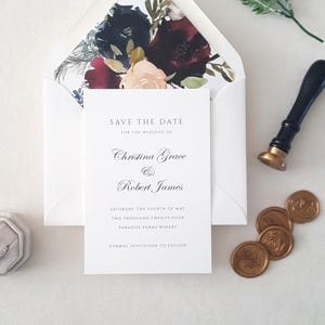 Salva la data botanica personalizzata e stampata su cartoncino, rosso bordeaux e blu navy, elegante, matrimonio autunnale o invernale - DEPOSITO