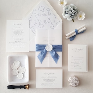 Elegant Blue and White Wedding Invitations, Classy Ribbon and Wax Seal Invitation Suite, Minimal Invite with euro flap envelope-Sample