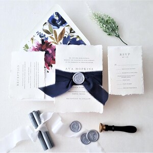Navy and Silver Wax Seal Wedding Invitation, Deckled Edge Paper Invitation Suite, Printed Invitations Handmade Torn Edge with RSVP - Deposit