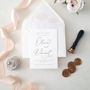Moderne elegante Hochzeit Save the Date Karten mit Umschlägen, kundenspezifische Karte, gedruckte Einladungen, Champagner, Pfirsich - DEPOSIT