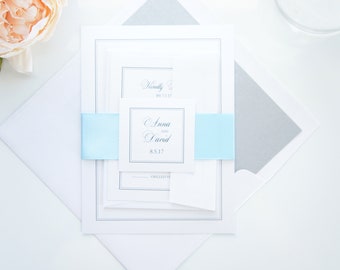 Custom Printed Light Blue and Silver Gray Wedding Invitations, Timeless Invitation Suite, Elegant Classic Ribbon Invite - SAMPLE SET