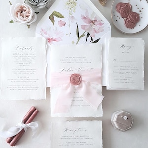 Blush Pink Wedding Invites, Silk Ribbon Invitations, Wedding Invitation Suite - Blush Pink Ribbon Green Handmade Paper Deckle-Edge-Deposit