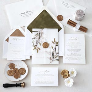 Gold Text Wedding Invitations, Flowing Script Font Invite Suite with Tropical Green and Gold Printed Vellum Jacket Moss Olive Bronze- Sample