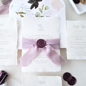 purple boho garden rustic wedding invitation, plum purple wax seal, lavender silk ribbon tie, handmade deckle edge paper, deckled edges torn edge papers, cotton rag papers, flower monogram wedding invitation, elegant classic wedding invitation suite