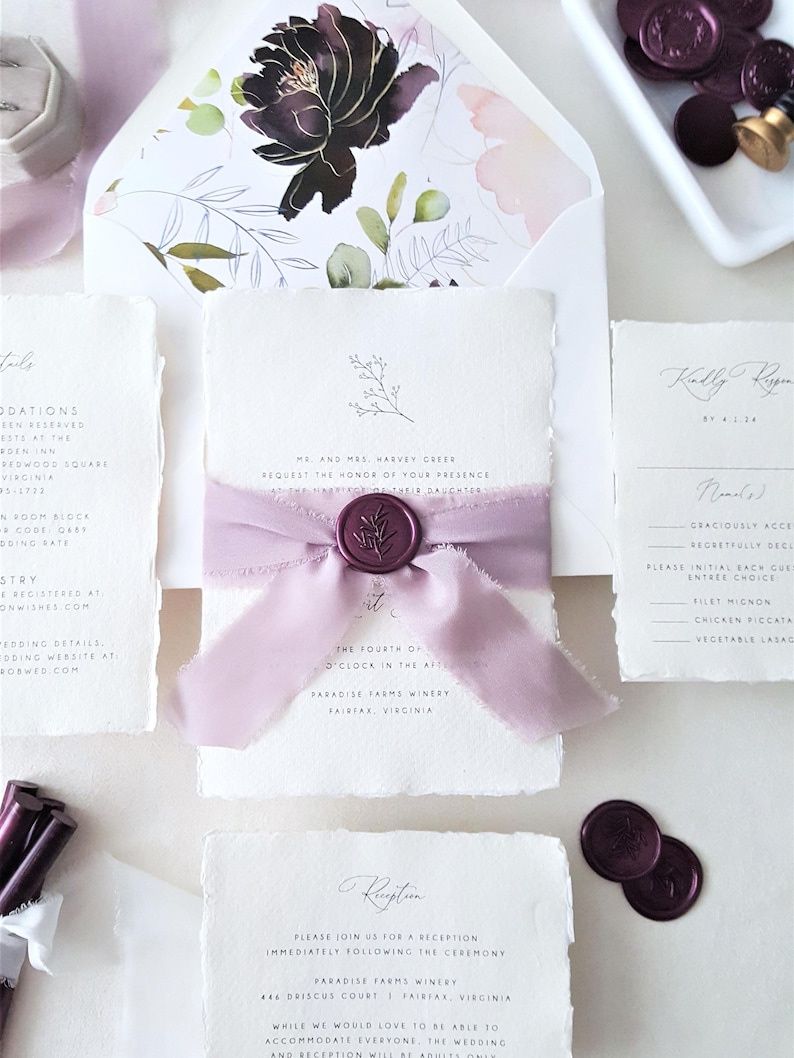 purple boho garden rustic wedding invitation, plum purple wax seal, lavender silk ribbon tie, handmade deckle edge paper, deckled edges torn edge papers, cotton rag papers, flower monogram wedding invitation, elegant classic wedding invitation suite