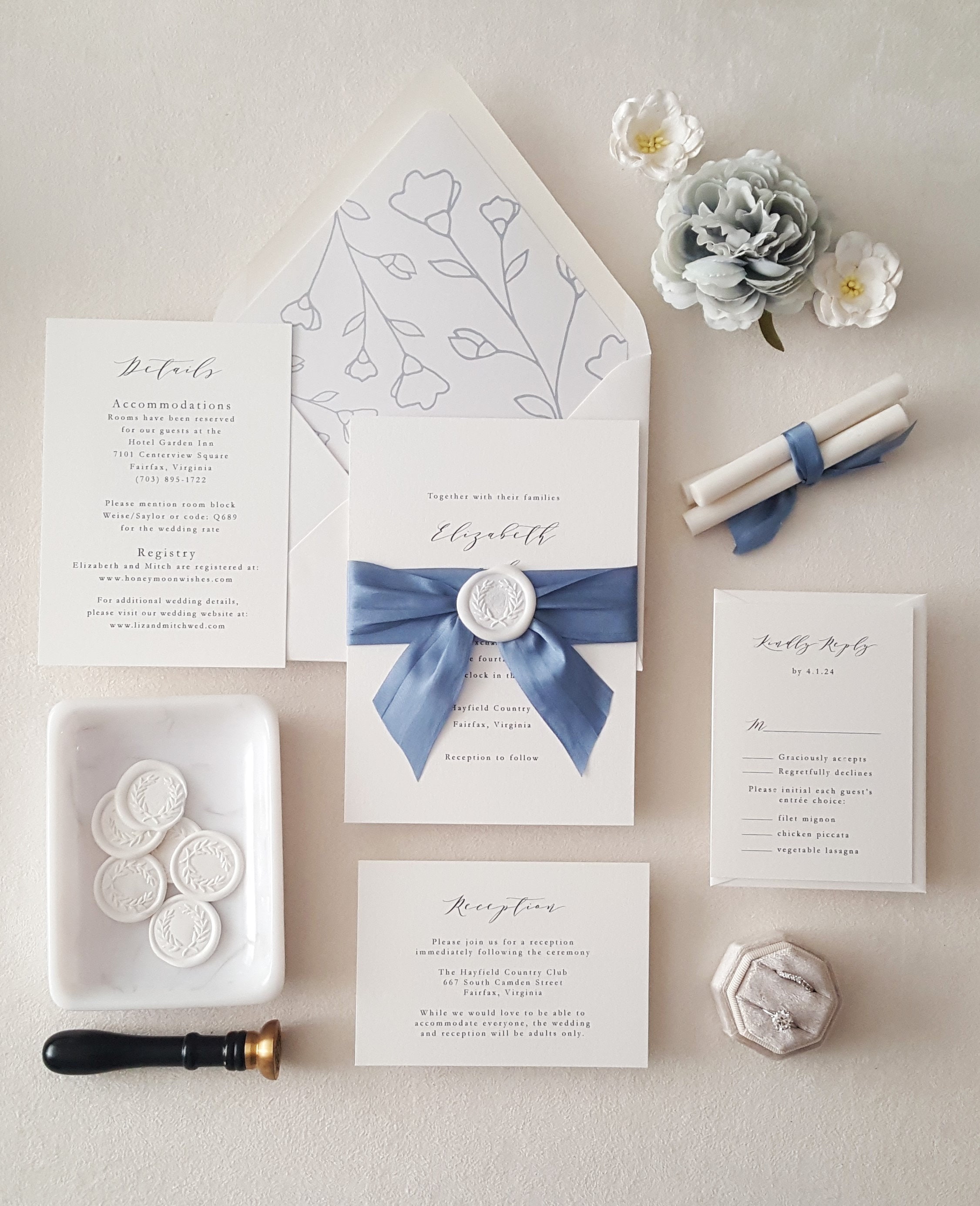 Romantic Ribbon Wedding Invitations in Dusty Blue