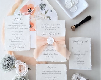 Elegant Peach Botanical Wedding Invitation, Flower Envelope Liner, Deckled Edges, Calligraphy Invites- Sample