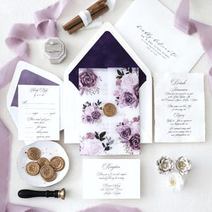 Purple and Gold Wedding Invitation | Velvet Suede Envelope Wedding Invitation, Plum and Lavender Wedding Invitation Suite - Deposit