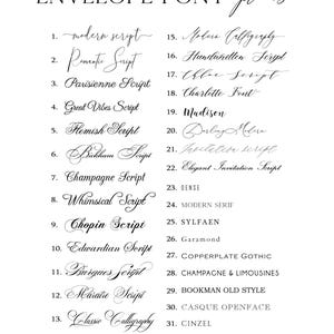 May include: A black and white image showcasing a variety of envelope font options. The text includes font names such as "Modern Script", "Romantic Script", and "Parisienne Script". The fonts are numbered and displayed in a list.