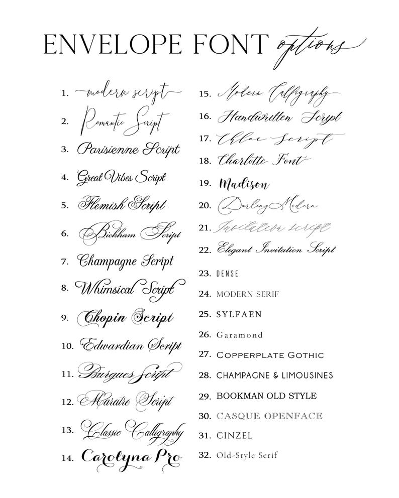 May include: A black and white image showcasing a variety of envelope font options. The text includes font names such as "Modern Script", "Romantic Script", and "Parisienne Script". The fonts are numbered and displayed in a list.