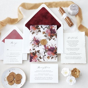Burgundy Red and Dusty Rose Wedding Invitations, Elegant Wedding Invitation printed on handmade deckle edge paper, Velvet Envelopes - Sample