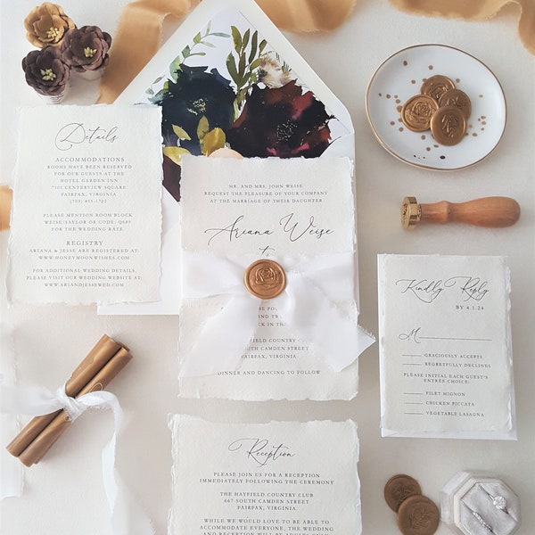 Elegant Gold Wedding Invitation, Silk Ribbon Wax Seal Wedding Invitations, Handmade Paper, Deckled Paper Wedding Invite - Deposit