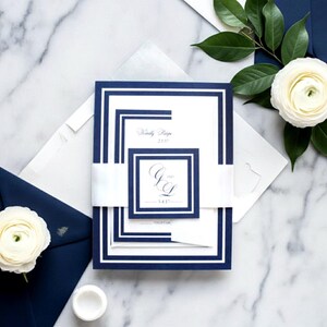 Navy and White Wedding Invitation Package, Timeless Blue and Gray Invitations, Monogram- Sample