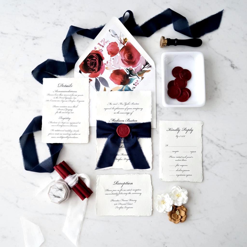 Red Navy Blue Calligraphy Wedding Invitation Sample