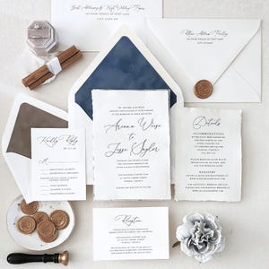 Dusty Blue and Gold Elegant Wedding Invitations, Classic Wedding Invites, Handmade Paper Deckled Edge Paper, Velvet Envelope  - Sample