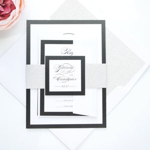 Printed Wedding Invite Black and White Wedding Invitations, Silver Glitter Invite, Elegant Black Tie Invitation Suite - SAMPLE SET