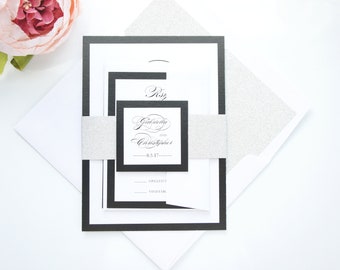 Printed Wedding Invite Black and White Wedding Invitations, Silver Glitter Invite, Elegant Black Tie Invitation Suite - SAMPLE SET