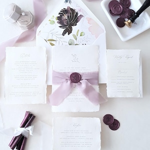 purple boho garden rustic wedding invitation, plum purple wax seal, lavender silk ribbon tie, handmade deckle edge paper, deckled edges torn edge papers, cotton rag papers, flower monogram wedding invitation, elegant classic wedding invitation suite