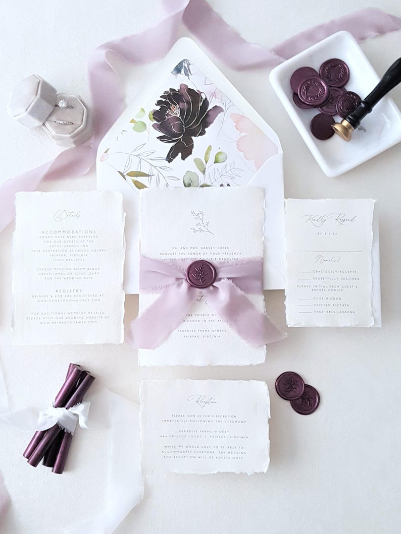 purple boho garden rustic wedding invitation, plum purple wax seal, lavender silk ribbon tie, handmade deckle edge paper, deckled edges torn edge papers, cotton rag papers, flower monogram wedding invitation, elegant classic wedding invitation suite
