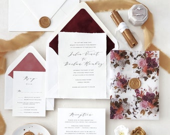 Burgundy Wedding Invitation | Fall Colors Wedding Invite | Velvet Envelope Liners | Watercolor, Flower Printed Vellum Jackets - Deposit