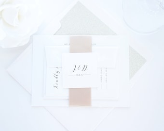 Printed Beige Champagne Calligraphy Wedding Invitations, Modern Invitation Suite Minimal with Belly Band Wrap - SAMPLE SET