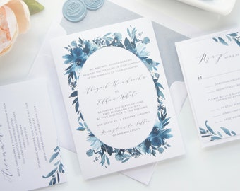 Indigo Boho Vellum Wedding Invitations, Blue Invites, Dusty and Navy Watercolor Design Flower Invitation Set - Sample