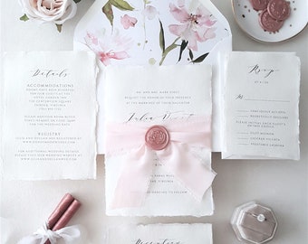 Blush Pink Wedding Invites, Silk Ribbon Invitations, Wedding Invitation Suite - Blush Pink Ribbon Green Handmade Paper Deckle-Edge-Deposit