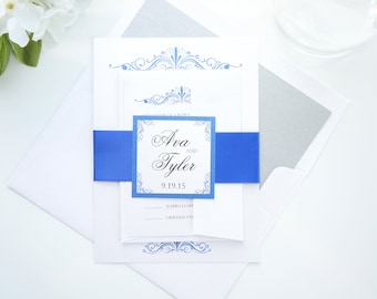 Royal Blue Wedding Invitation, Classic Invitations, Formal Invite with RSVP - SAMPLE SET