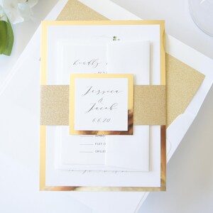 Boho Greenery and Gold Monogram Wedding Invitation, Gold Foil Paper Reflective Paper Eucalyptus Design, Gold Glitter Belly Band Wedding Invites, Bohemian Wedding Invitation Suite, Elegant Formal Classic Invitations
