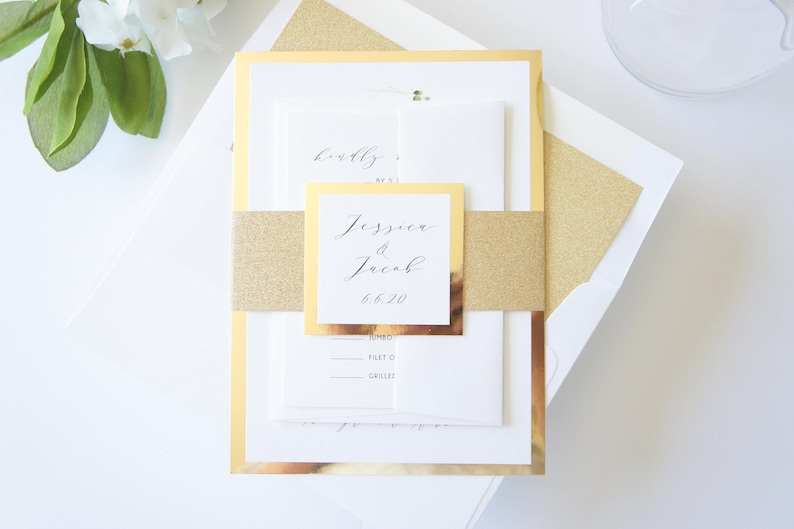 Boho Greenery and Gold Monogram Wedding Invitation, Gold Foil Paper Reflective Paper Eucalyptus Design, Gold Glitter Belly Band Wedding Invites, Bohemian Wedding Invitation Suite, Elegant Formal Classic Invitations