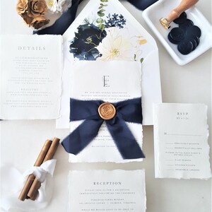 Navy and Gold Wedding Invitations, Cotton Rag Paper Invite, Deckled Paper, Handmade Paper Invitation Suite with Custom Monogram - Sample