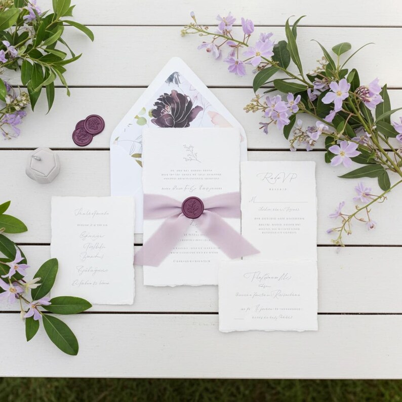 Conjunto de invitaciones de boda moradas, invitaciones florales color ciruela lila, sobres para confirmación de asistencia. imagen 19