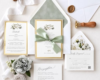 Wedding Invitation - Sage Green, White Flower Envelope Liners, Elegant Bow Suite Classic Wedding Invite