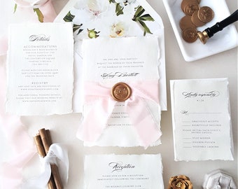 Elegant Pink and Gold Wedding Invitations, Classic Invite and RSVP, Blush, Deckle Paper Printing, Floral Envelopes, Blush Ribbon - Sample