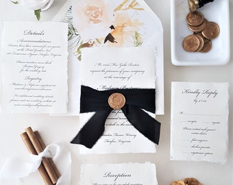 Gold and Black Cursive Wedding Invitation Suite, Elegant Calligraphy Script Wedding Invitations,Flower Envelope Liner Wedding Invite Deposit