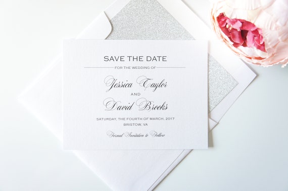 Silver Glitter White Save The Date Cards Pearl Heart 