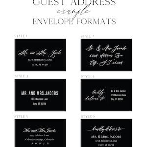 Black and white envelope format examples for guest addresses.