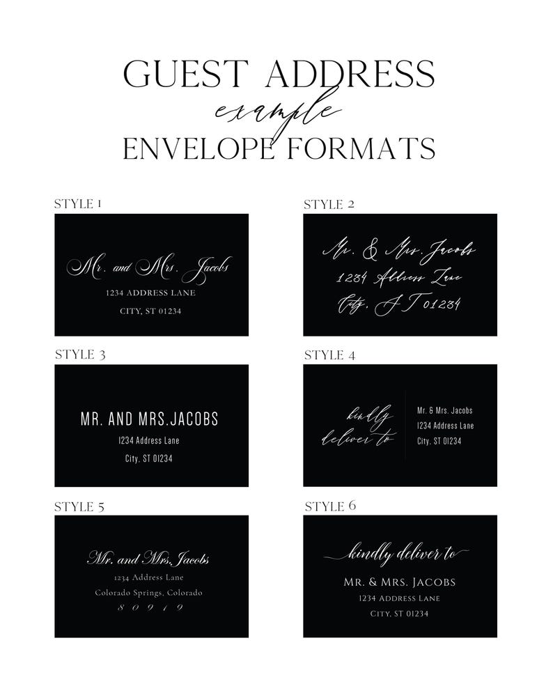 Black and white envelope format examples for guest addresses.
