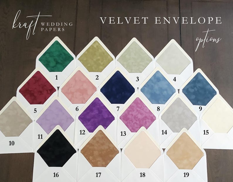 A display of nineteen velvet envelope options in various colors, including green, pink, blue, purple, and brown. Each envelope is numbered and set against a dark wooden background. The text "VELVET ENVELOPE options" is visible.