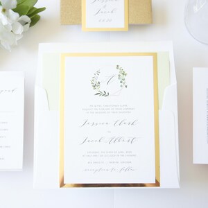 Boho Greenery and Gold Monogram Wedding Invitation, Gold Foil Paper Reflective Paper Eucalyptus Design, Gold Glitter Belly Band Wedding Invites, Bohemian Wedding Invitation Suite, Elegant Formal Classic Invitations