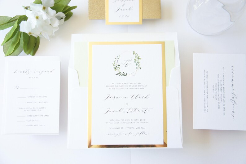 Boho Greenery and Gold Monogram Wedding Invitation, Gold Foil Paper Reflective Paper Eucalyptus Design, Gold Glitter Belly Band Wedding Invites, Bohemian Wedding Invitation Suite, Elegant Formal Classic Invitations