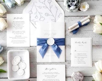 Dusty Blue Wedding Invitations - Vellum Wrap Silk Ribbon Wax Seal Elegant Invitation Suite