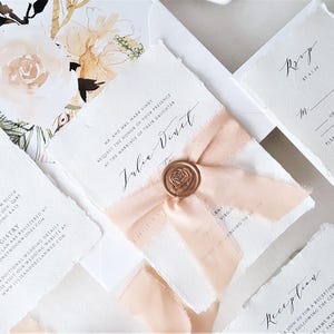 Peach and Gold Botanical Wedding Invitations, Deckled Edge, Blush and Gold, Silk Frayed Ribbon Invite Suite with Details and RSVP- Sample
