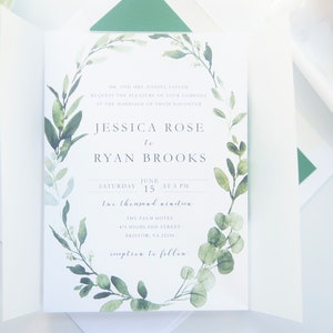 Green and Silver Wax Seal Vellum Wedding Invitations, Greenery Wreath Foliage Invitation Suite, RSVP and reception card - Deposit