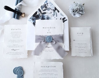 Minimal Dusty Blue Wedding Invitation, Deckle Edge Paper Wedding Invites, Ribbon and wax sealWedding Invitation Suite, Cotton Rag - Deposit