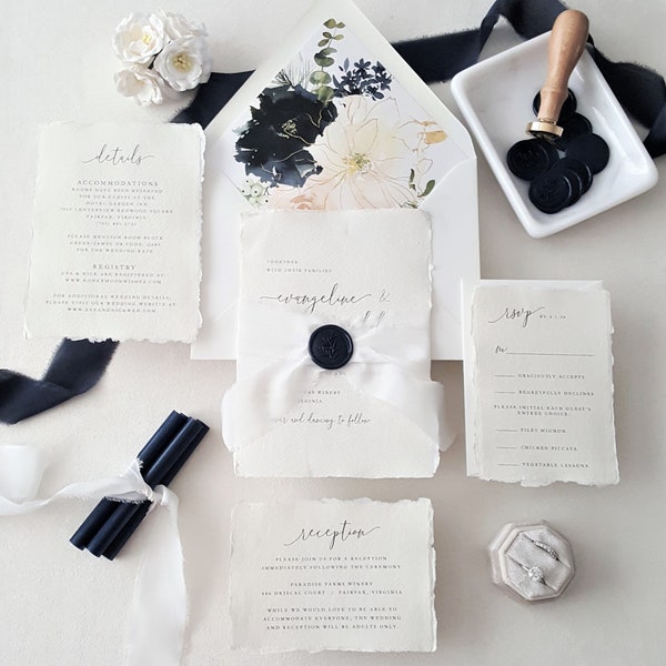 Navy Blue Handmade Paper Wedding Invitation, Ribbon Wax Stamp Invitations, Deckled Edges Wedding Invite Suite, Torn Edge Paper - Deposit