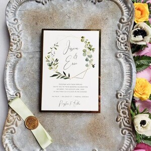 Printed Wedding Invitation Package, Greenery and Gold Invite Set, Green, Vellum Jacket, Ribbon and Wax Stamp rsvp and details - Deposit