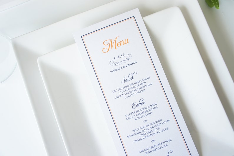 Orange and Navy Wedding Menus Printed Wedding Menus Wedding Menu Cards DEPOSIT Orange Wedding Menu