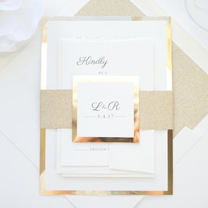 Luxury Wedding Invitation Suite, Elegant Gold Invitations, Glitter Invite with Belly Band and rsvp card- Deposit